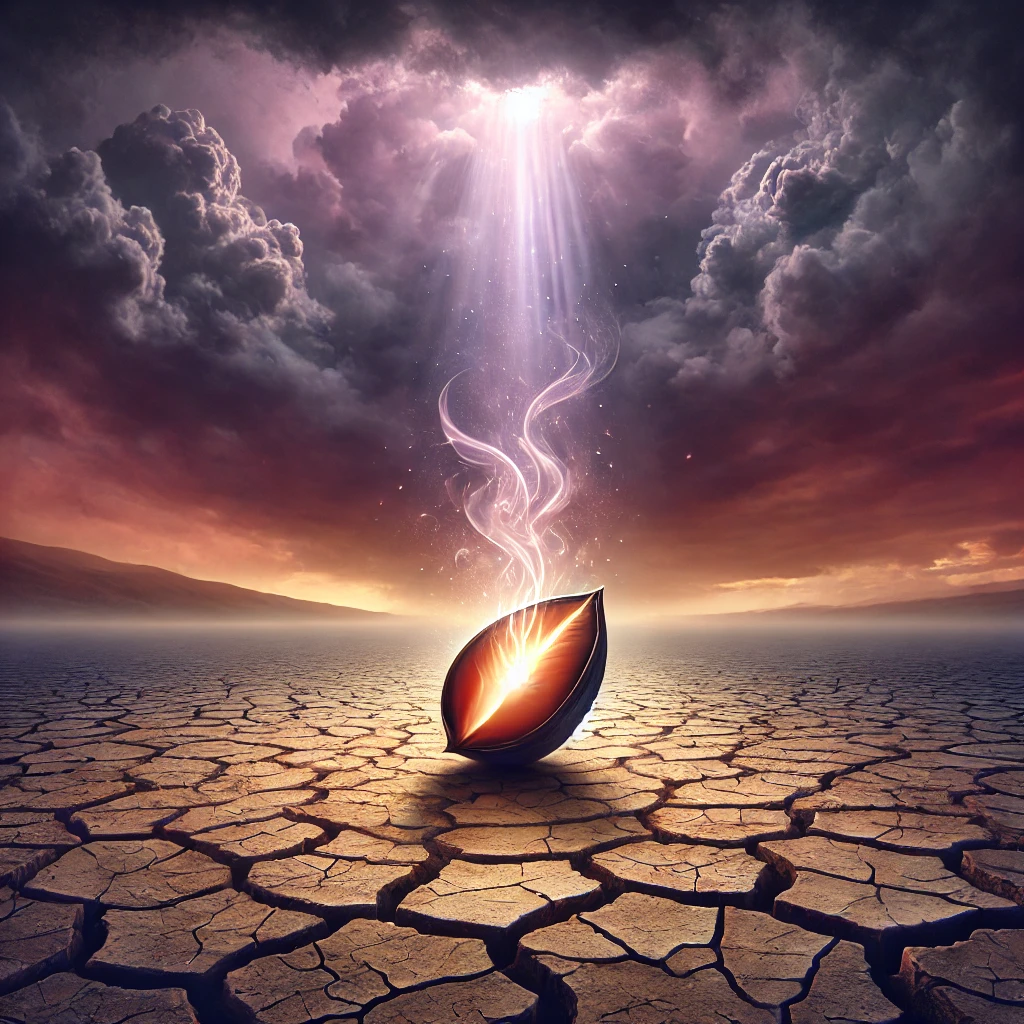 A surreal and sacred landscape showing a cracked desert ground under a stormy sky, with a beam of light breaking through the clouds. In the center, a large seed is beginning to crack open, glowing softly from within. Ethereal mist swirls around the seed. The overall mood is mystical, hopeful, and powerful—symbolizing sacred transformation and new beginnings. Use tones of deep violet, storm gray, and warm golden light.